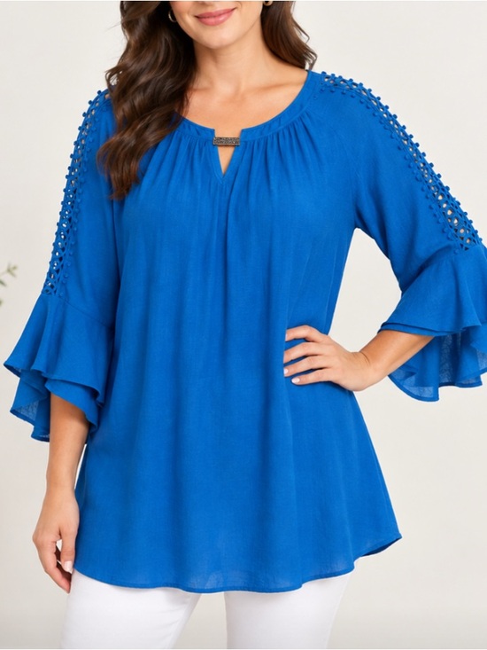 Rory Beca Tops - Índigo Rose Blue Floral Lace-Trim Peasant Blouse Tunic 1X